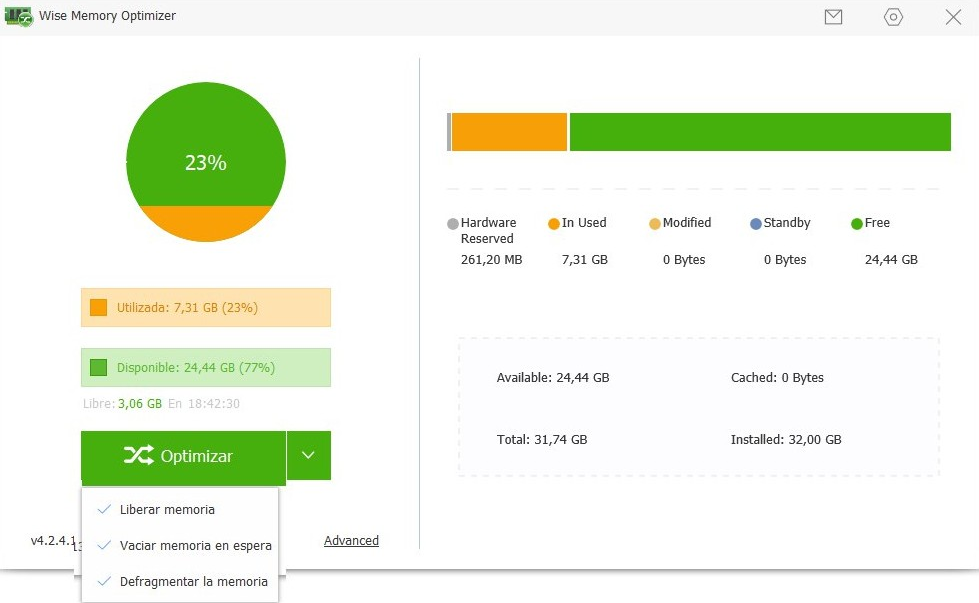 Estado de la memoria después de optimizar con Wise Memory Optimizer