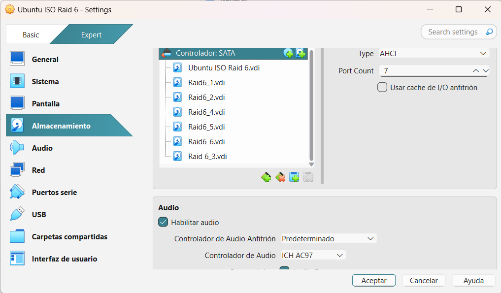 Configuración de almacenamiento de la máquina virtual en VirtualBox