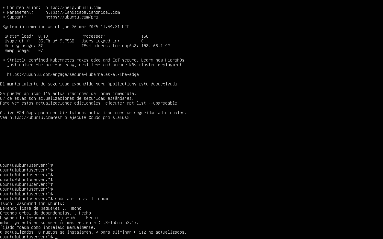Inicio de sesión en Ubuntu Server y verificación de mdadm