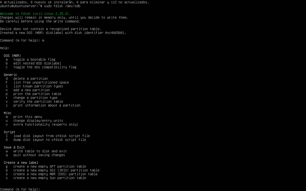 Inicio del particionado del disco /dev/sdb con fdisk