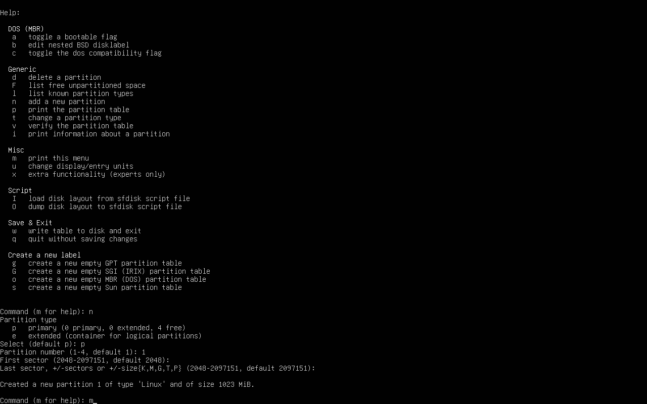 Creación de la primera partición primaria en /dev/sdb