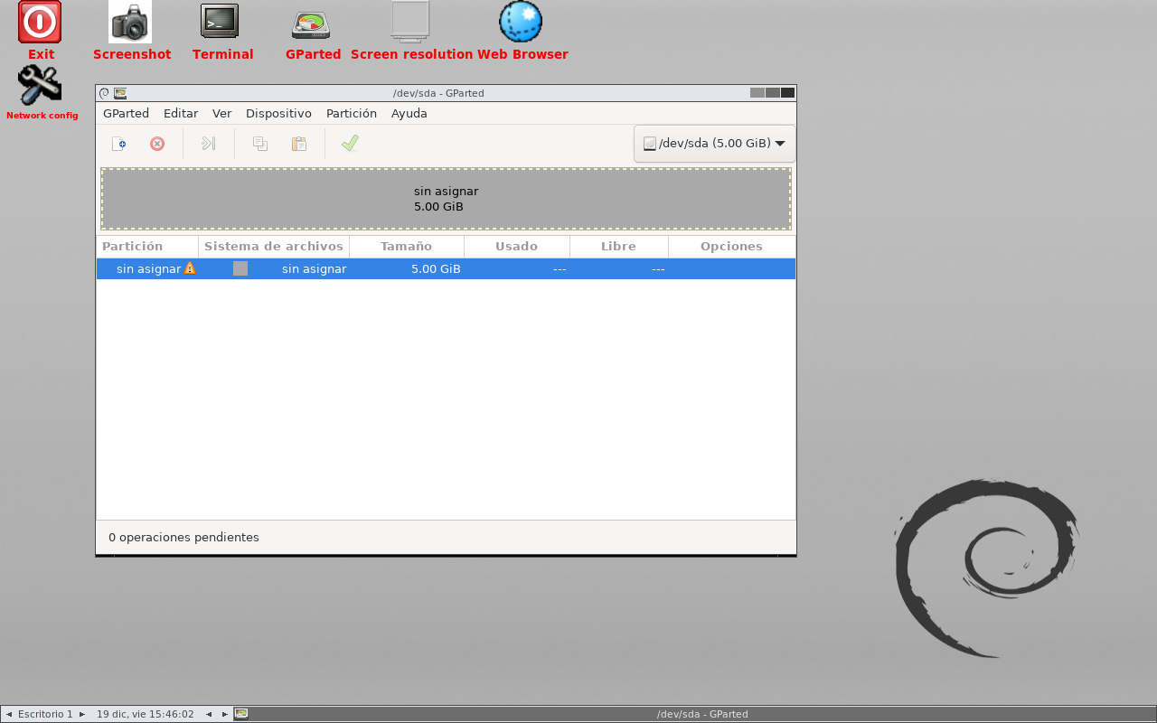 Disco sin tabla de particiones en GParted
