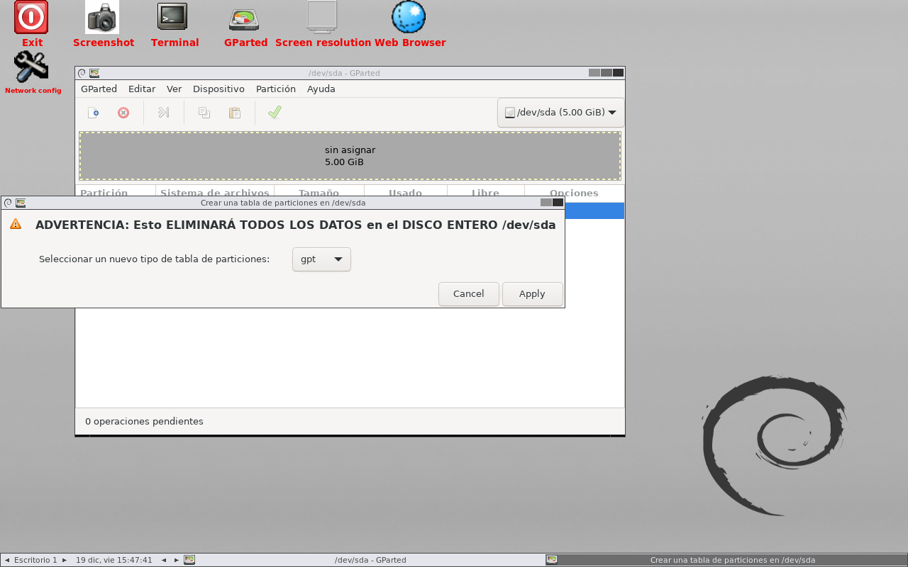 Creación de la tabla de particiones GPT en GParted