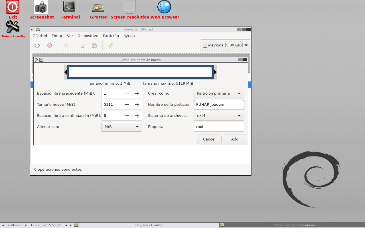 Valores configurados durante la creación de la tabla de particiones