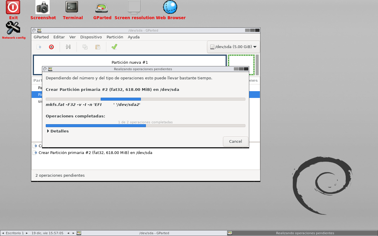 Proceso de creación de la tabla de particiones en GParted