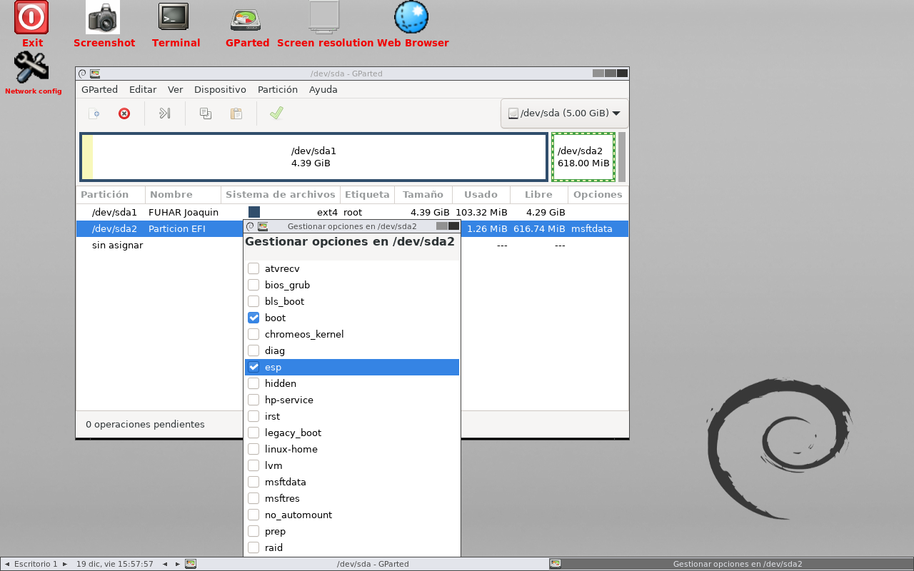 Configuración de la partición EFI con flags boot y esp en GParted